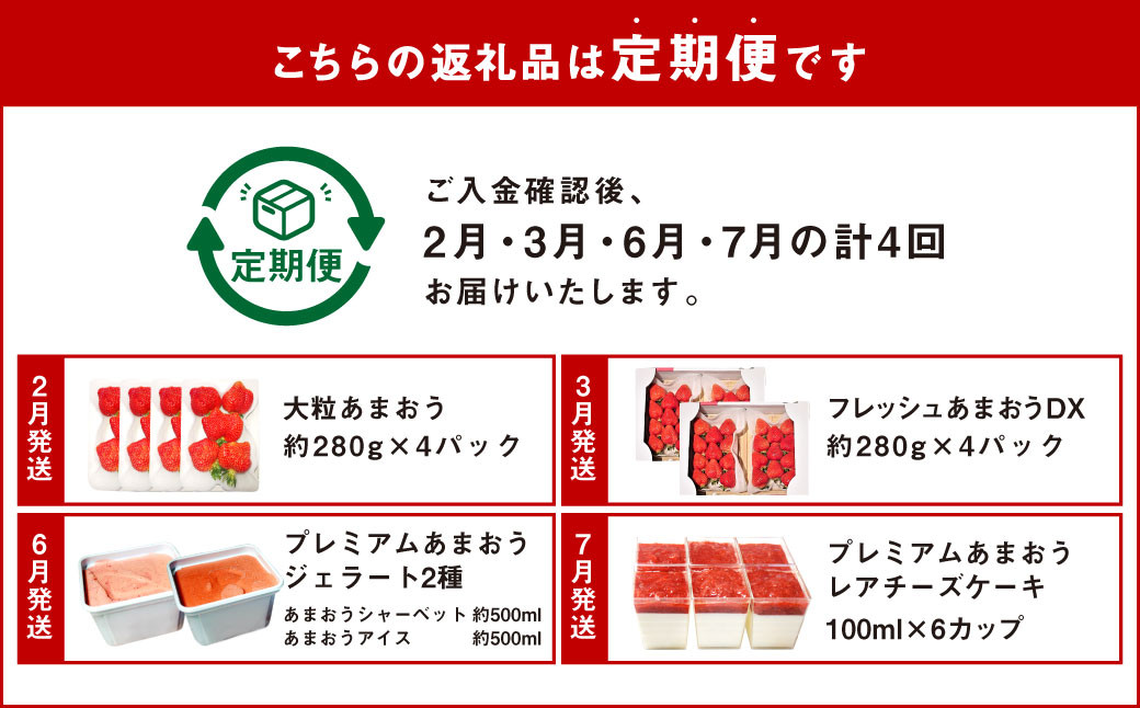 【2024年2月上旬より発送開始】【予約受付・4回定期便】あまおう大好き定期便 合計約3.8kg あまおう あまおうジェラート あまおうレアチーズケーキ フルーツ 果物