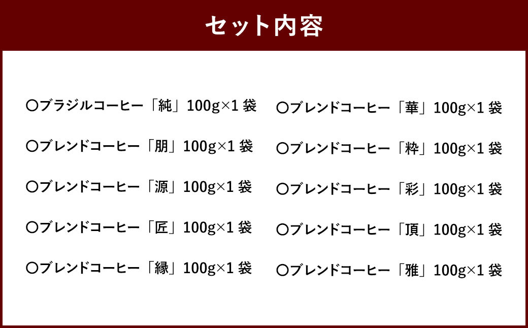 こだわり珈琲（粉） 詰め合わせセット（10種×100g）