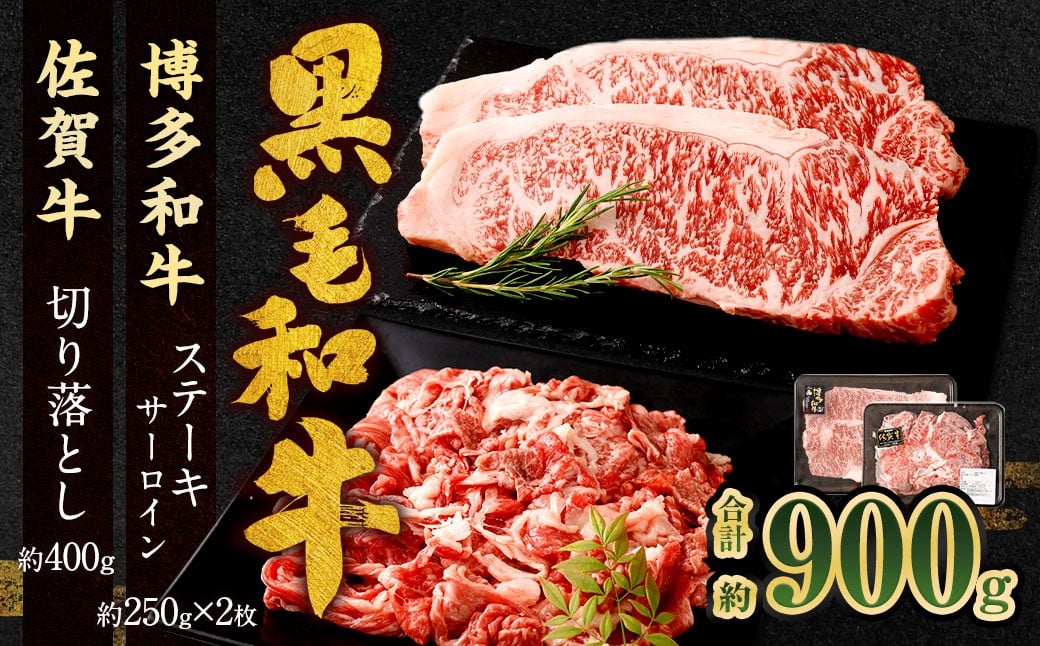 博多和牛 ステーキ （サーロイン） 2枚 （計約500g） ＋ 佐賀牛 切り落とし 400g ／ 黒毛和牛 黒毛和種 和牛 牛肉 お肉 肉 サーロイン肉 セット 国産 九州 福岡県 太宰府市 冷凍
