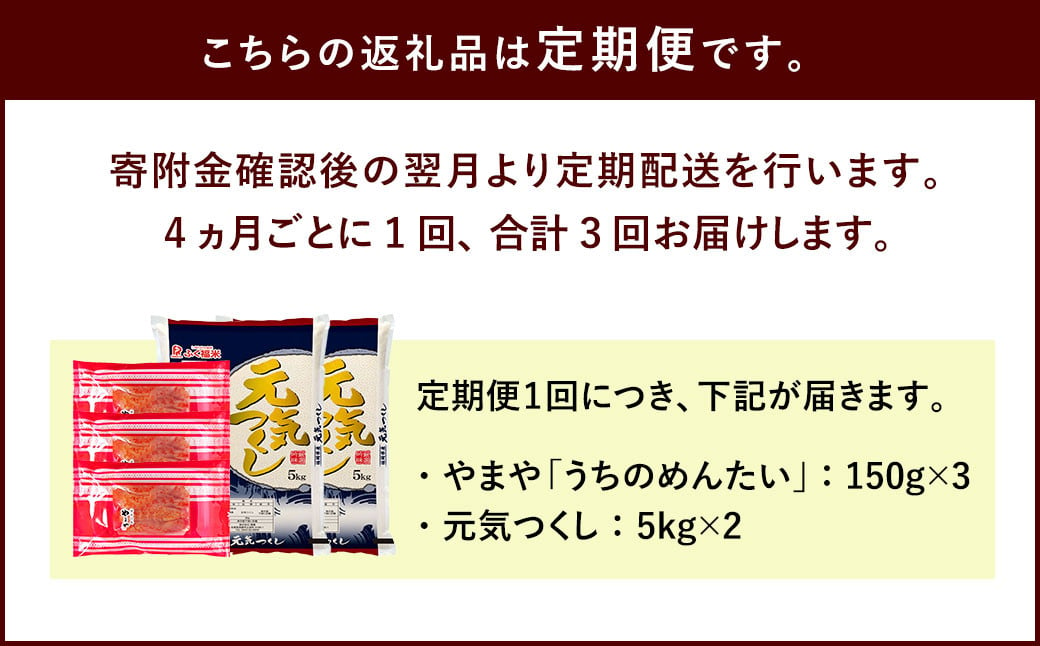 【定期便3回】 やまや の 訳あり 明太切子 450gと お米 元気つくし 10kgのセット 明太子 精米