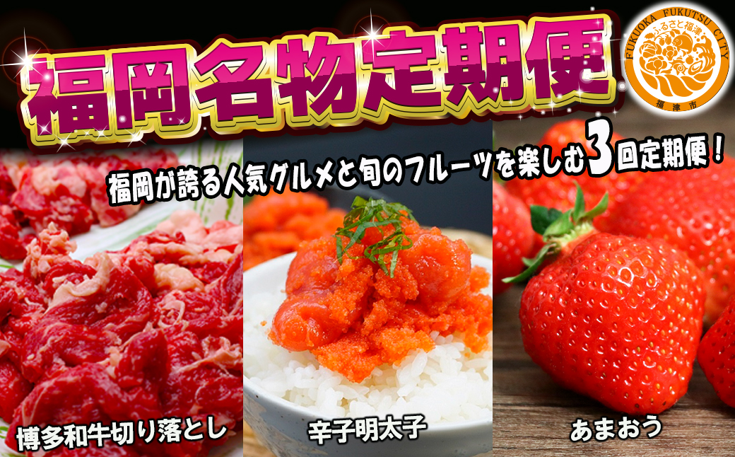 【3回届く！（和牛・明太子・あまおう）】福岡名物定期便★福岡が誇る人気グルメと旬のフルーツを楽しむ3回定期便[H7040]