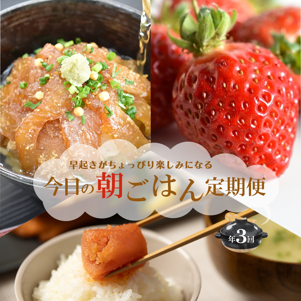 【3回届く！福岡朝ごはん定期便】（明太子切子・鯛茶づけ・あまおう）★朝起きがちょっぴり楽しみになる3回定期便[H7065]