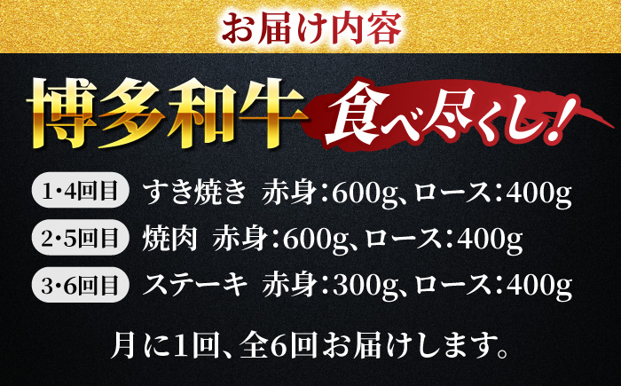 【6回定期便】毎月和牛を食べ比べ 博多和牛 食べ尽くし定期便 6回お届け ステーキ すき焼き 焼肉【馬庵このみ】和牛 牛肉  赤身 すき焼き 焼肉 焼肉用 ステーキ スライス 肉 定期便