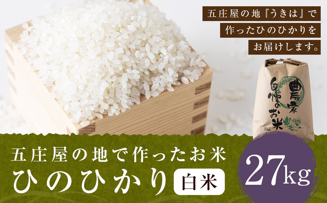 【特Aランク米】五庄屋の地で作ったお米 ひのひかり 白米 (27kg) 【2025年10月下旬より順次発送予定】 ヒノヒカリ こめ コメ ごはん ご飯 福岡県うきは市産 九州産