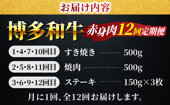 【12回定期便】赤身を楽しむ 博多和牛 赤身定期便 12回お届け ステーキ すき焼き 焼肉【馬庵このみ】和牛 牛肉  赤身 すき焼き 焼肉 焼肉用 ステーキ スライス 肉 定期便