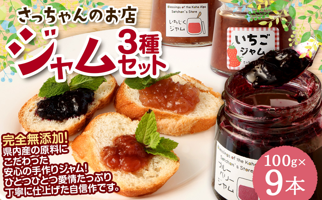 さっちゃんの店 ジャム3種 各100g 9本セット（ブルーベリー・いちじく・いちご） ジャム 手作り 無添加 朝食 ギフト 贈り物 福岡県 嘉麻市