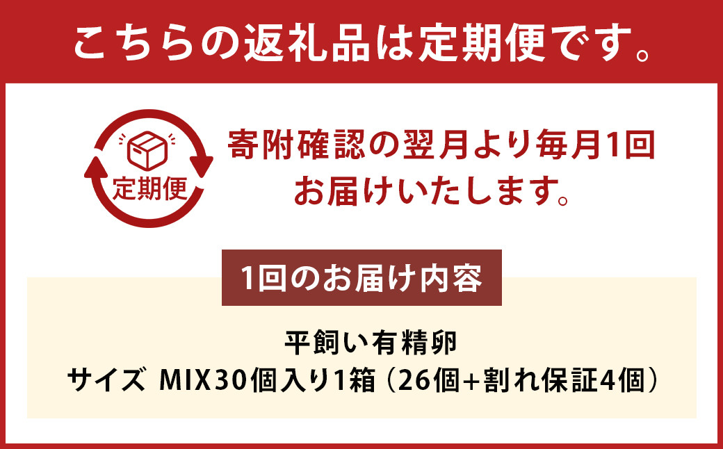 【定期便6回】【平飼い有精卵】30個入（26個+割れ保証4個） 合計180個 たまご 卵 玉子 鶏卵 平飼い 有精卵 定期便