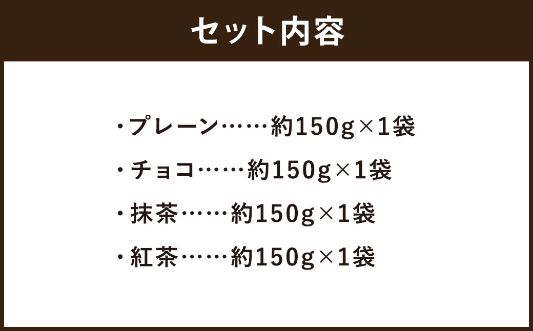 4種の米粉のベビーカステラ (プレーン、チョコ、抹茶、紅茶) 