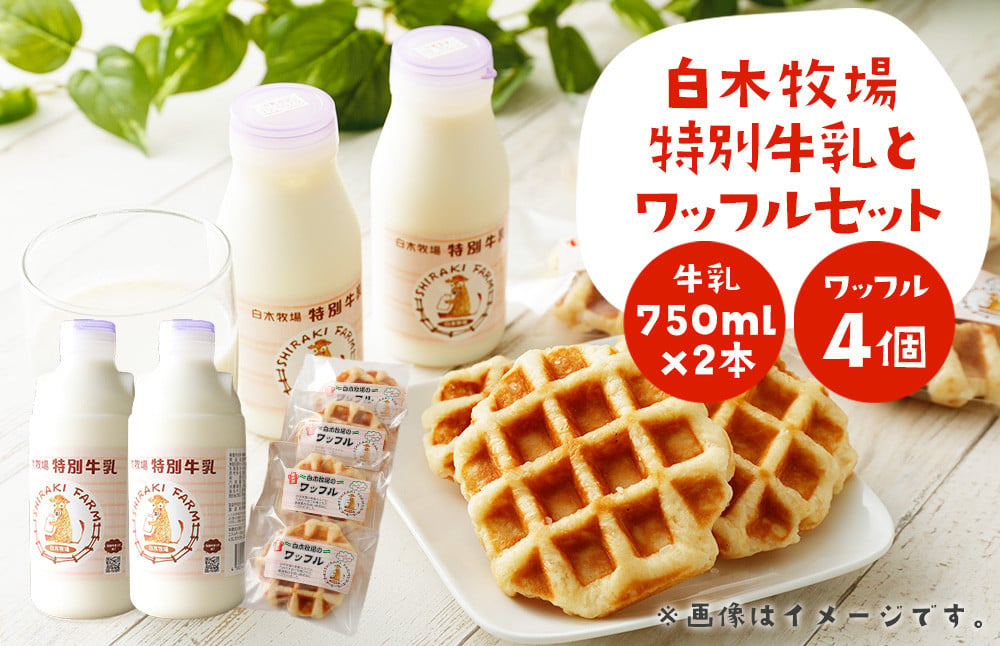 白木牧場 特別 牛乳 750ml×2本と ワッフル ×4個セット