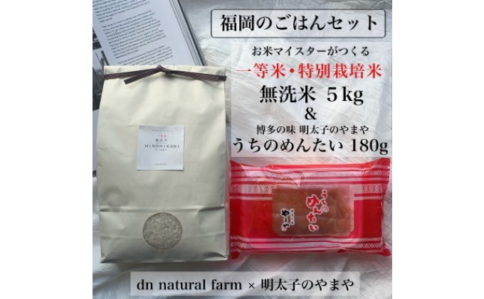 福岡のごはんセット『一等米』農家直送 特別栽培米・ヒノヒカリ 無洗米 5kg×やまや『うちのめんたい 180g』※配送不可：離島