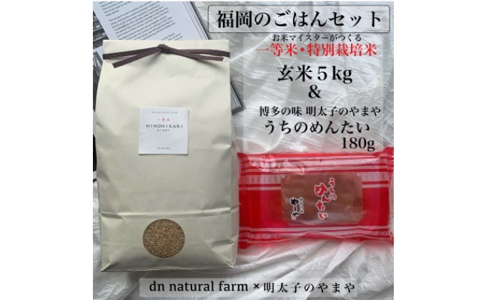 福岡のごはんセット『一等米』農家直送 特別栽培米・ヒノヒカリ 玄米 5kg×やまや『うちのめんたい 180g』※配送不可：離島