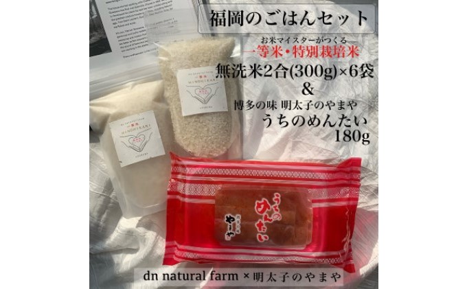 福岡のごはんセット『一等米』農家直送 特別栽培米・ヒノヒカリ 無洗米 300g（2合）× 6×やまや『うちのめんたい 180g』※配送不可：離島