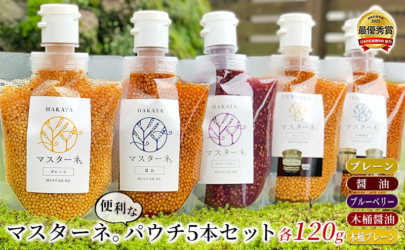 調味料 マスタード 5本 セット マスターネ。 プレーン 醤油 ブルーベリー 木桶醤油 木桶プレーン 各120g パウチ 食べ比べ ※配送不可:離島