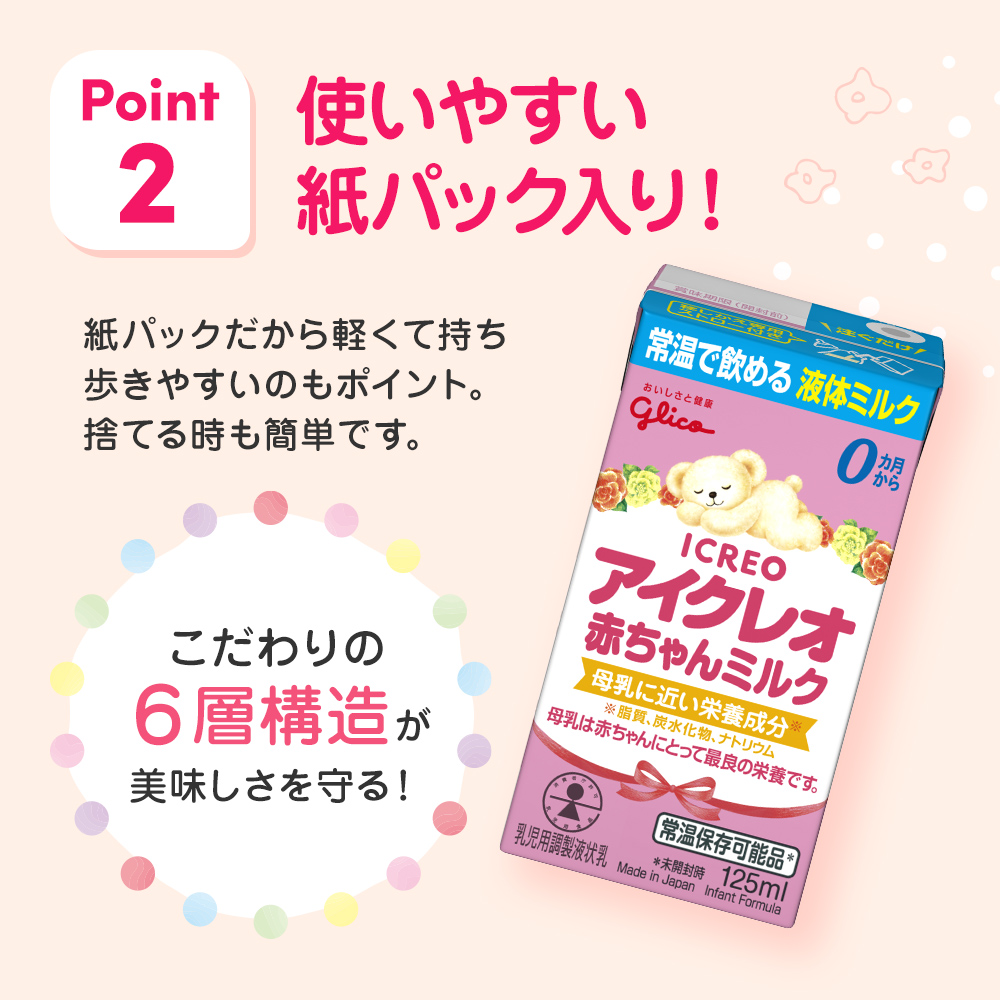 赤ちゃん ミルク アイクレオ 125ml×18本 紙パック 液体ミルク 乳児用 新生児 乳製品 グリコ （  ベビー 常温 母乳に近い栄養成分 母乳代用品 そのまま飲める 母乳 成長 発育 健康 防災 災害 プレゼント 人気 おすすめ ）