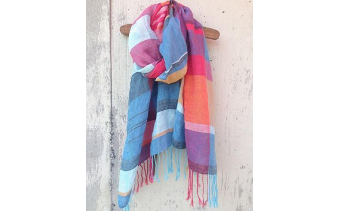 ito to iro 手染め・手織り仕上げ　「ストール」ブルー×レッドベース・マルチボーダー ファッション小物