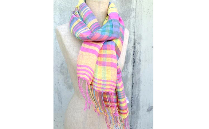 ito to iro 手染め・手織り仕上げ　「ストール」ピンクベースチェック（大判） ファッション小物