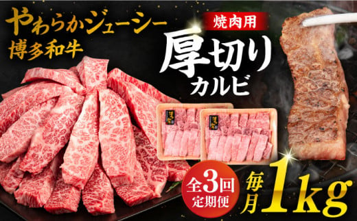 【 全3回 定期便 】博多和牛 厚切り カルビ  1kg ( 500g × 2P ) 糸島 【幸栄物産】 [ABH038]