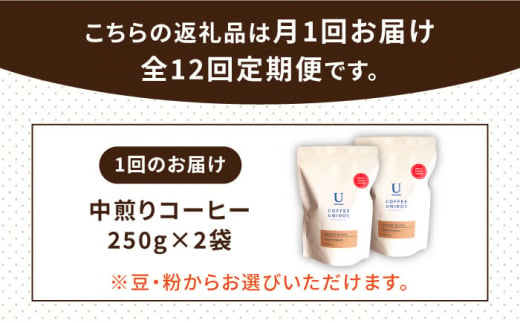 【全12回定期便】中煎り コーヒー 豆 ウニドスブレンド 250g × 2袋 ( 豆 ・ 粉 選べます ) 糸島市 / COFFEE UNIDOS [AQF023]