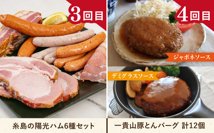 【全12回定期便】糸島・贅沢お肉定期便 毎月3〜4人前 （ 博多和牛 糸島和牛 糸島豚 はかた地どり イノシシ ウインナー シャトーブリアン ステーキ ハム ソーセージ ハンバーグ ） 糸島市 [AAH009] 地鶏 モモ  ハンバーグ ジビエ 肩ロース 焼肉 水炊き お肉 牛肉 豚肉