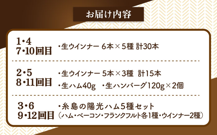 【全12回定期便】 ウインナー / ハンバーグ / ハム 月替り セット 糸島市 / 志摩スモークハウス 生ハム ベーコン [AOA040] 定期便 生 ウインナー ソーセージ ハンバーグ お肉