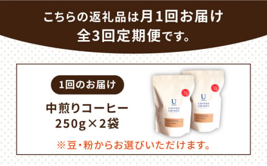 【全3回定期便】中煎り コーヒー 豆 ウニドスブレンド 250g × 2袋 ( 豆 ・ 粉 選べます ) 糸島市 / COFFEE UNIDOS [AQF021]