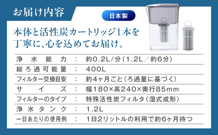 Miz-U / ミズユー 浄水器 ポット型 本体（活性炭カートリッジ 1本付属）ろ過水 容量:1.2L（全容量:2L） 【メーカー正規品】 ブラック 糸島市 / ワールドクラス合同会社 日本製 残留塩素97.5％除去 水 [AUQ001]