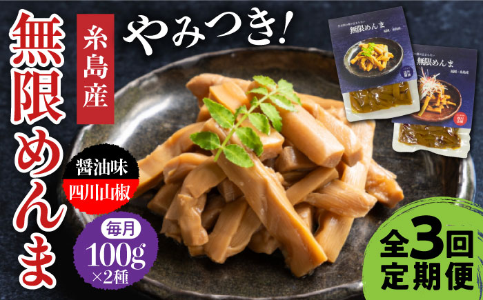 【全3回定期便】【国産】無限 めんま 100g × 2種 食べ比べ セット ( 醤油味 / 四川山椒味 ) メンマ 糸島市 / 株式会社竹次郎 [AWJ008] メンマ 一品 おかず おつまみ ラーメン 発酵食品