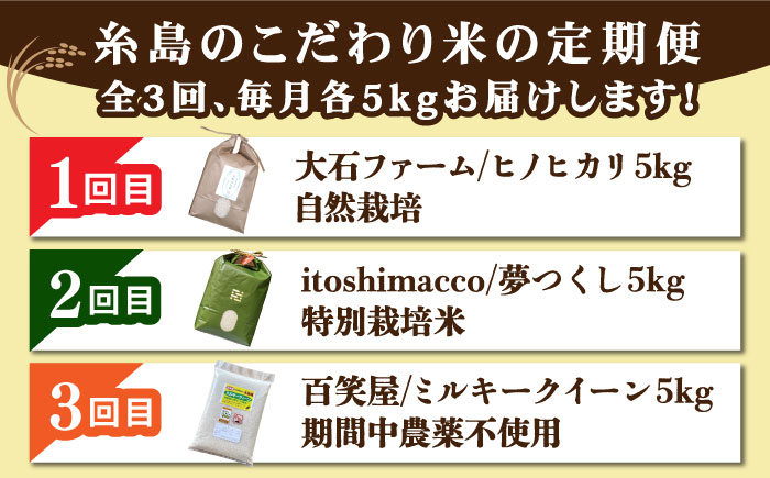 【全3回定期便】糸島 お米定期便 5kg×3回（ヒノヒカリ / 夢つくし / ミルキークイーン） 糸島市 [AAH011]