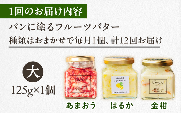 【全12回定期便】お楽しみ定期便 フルーツバター大1個 糸島市/糸島正キ ジャム クリーム 果物 [AQA064] バター フルーツバター フルーツ 果物 いちご あまおう みかん 金柑