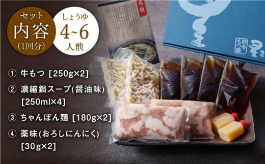 【全6回定期便】ミシュラン掲載！国産牛 もつ鍋 醤油味 ギフトセット（4〜6人前）＜博多もつ鍋星まつり＞那珂川市 もつ鍋 もつなべ ホルモン もつ鍋セット 博多もつ鍋 モツ 醤油 冷凍 [GAA012]