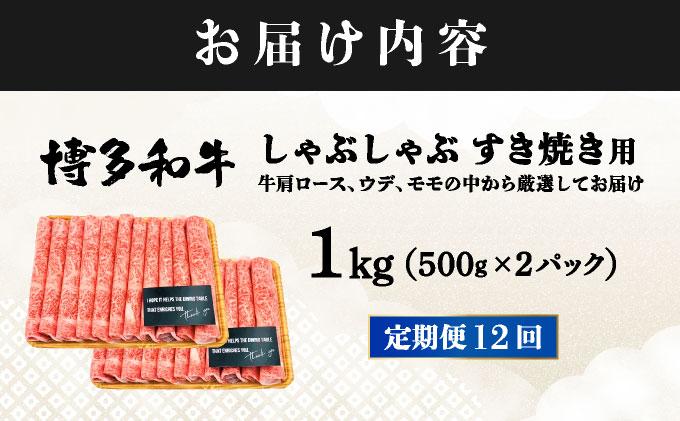 ＜定期便・全12回＞A4ランク以上！博多和牛 スライス しゃぶしゃぶ すき焼き用 1kg（500g×2）