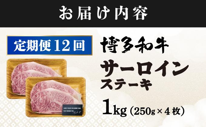＜定期便・全12回＞A4ランク以上！博多和牛 サーロインステーキ 1kg（250g×4枚）|サーロインステーキ サーロイン ステーキ 霜降り牛肉 黒毛和牛 ブランド牛 ブランド和牛 国産 肉 和牛 希少部位 冷凍 送料無料 那珂川市 福岡県