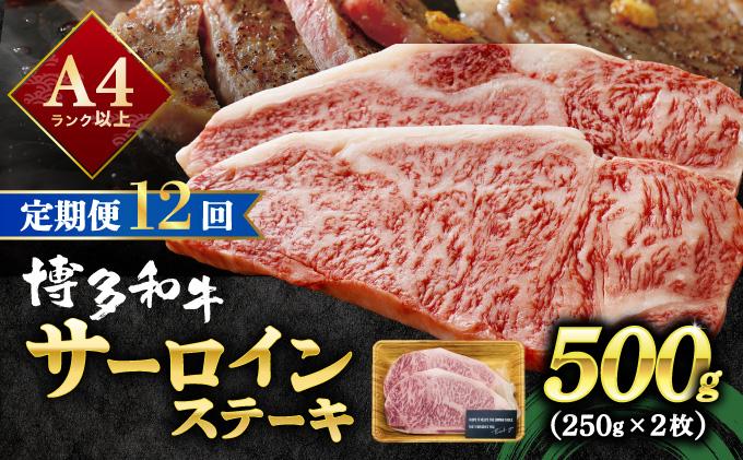 ＜定期便・全12回＞A4ランク以上！博多和牛 サーロインステーキ 500g（250g×2枚）|サーロインステーキ サーロイン ステーキ 霜降り牛肉 黒毛和牛 国産 ブランド牛 ブランド和牛 肉 和牛 希少部位 冷凍 送料無料 那珂川市 福岡県