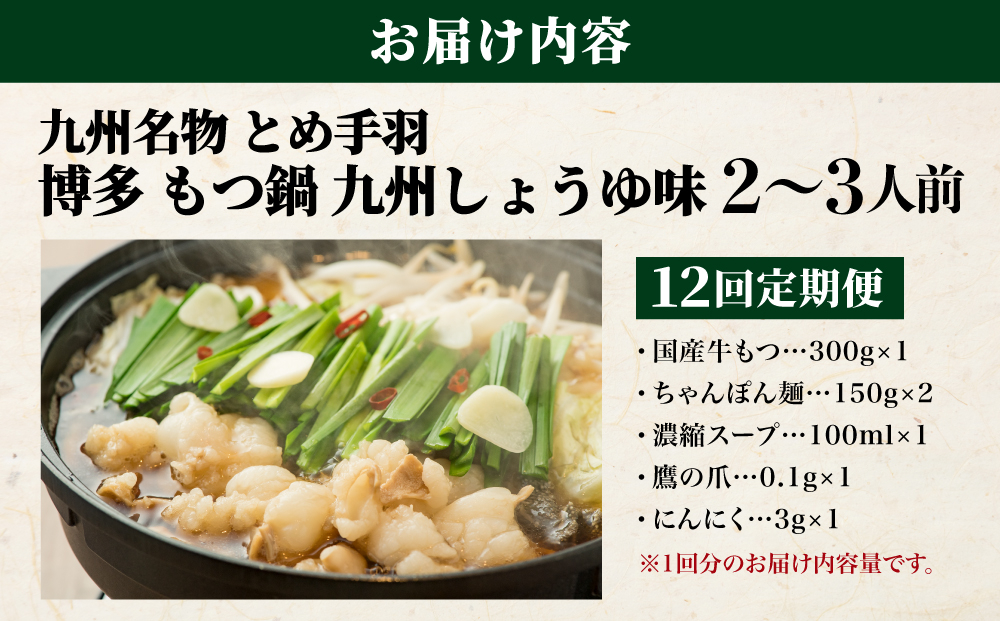 ＜定期便・全12回＞九州名物 とめ手羽 博多 もつ鍋 セット 九州しょうゆ味 2-3人前