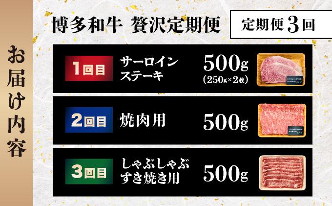 ＜定期便・全3回＞博多和牛 贅沢定期便|サーロイン 焼肉 焼き肉 しゃぶしゃぶ 赤身 霜降り牛肉 黒毛和牛 国産 肉 ブランド牛 和牛 希少部位 黒毛和牛 冷凍 送料無料 那珂川市 福岡県