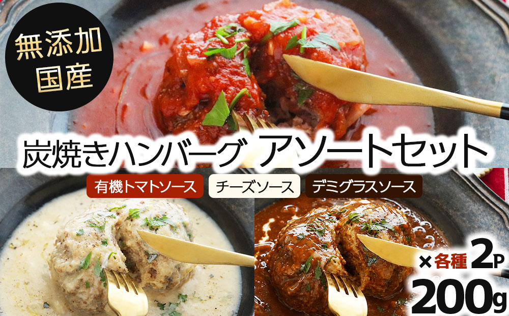 無添加 国産 炭焼き ハンバーグ アソートセット(有機トマトソース、チーズソース、デミグラスソース)