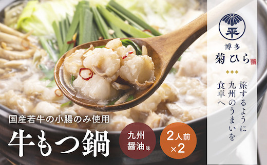 もつ鍋 博多菊ひら 厳選 国産 若牛 もつ鍋セット 九州醤油味 2人前 2 セット [ベイシス福岡 福岡県 宇美町 um40azp130000] 牛もつ鍋 モツ鍋 モツ鍋セット 鍋 博多