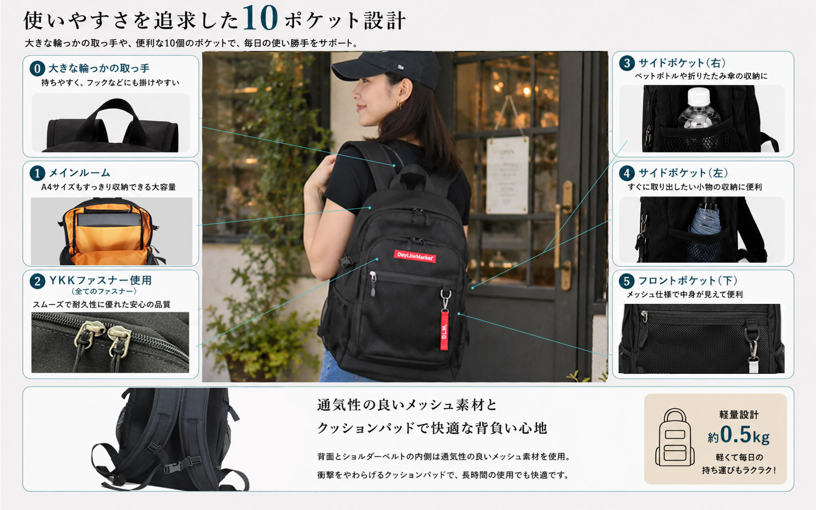撥水、軽量、ポケット多数、ボックスロゴがお洒落な 10ポケット 24L ブラック/レッド WZ013-5