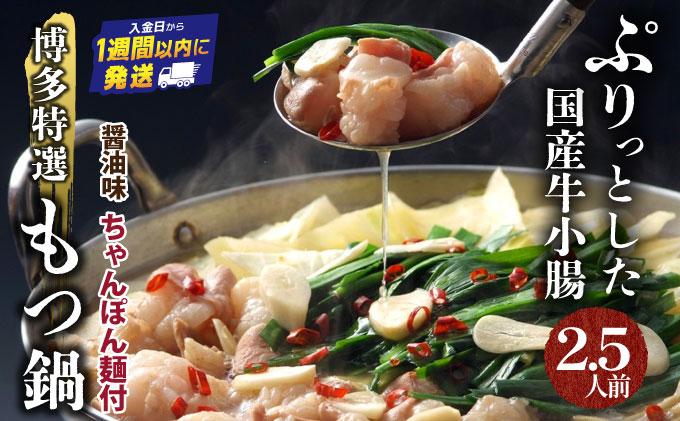 【プリプリの国産牛小腸のみ使用】博多特選もつ鍋(醤油味・2.5人前)【福岡ブランド 】| 短期配送 国産 ホルモン 牛 小腸 お取り寄せ 醤油