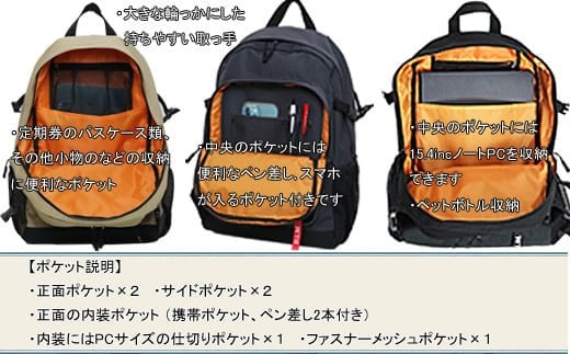 撥水、軽量、ポケット多数、ボックスロゴがお洒落な １０ポケット ２４L	  サンドベージュ WZ013-3