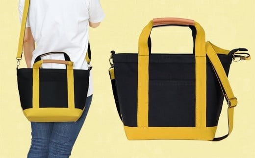 ワックス ショルダートートバッグ 帆布 本革持手 2way ブラック×イエロー WZ003-3