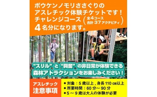 【ボウケンノモリささぐり】アスレチック体験チケット4名分（チャレンジコース）ZZ003