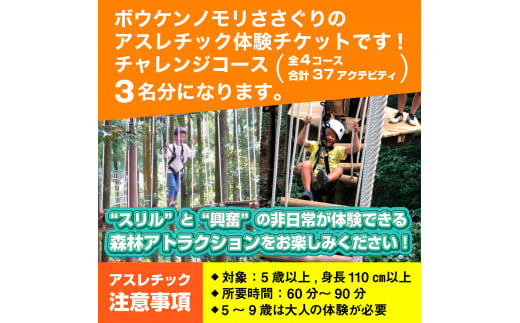 【ボウケンノモリささぐり】アスレチック体験チケット3名分（チャレンジコース）ZZ002