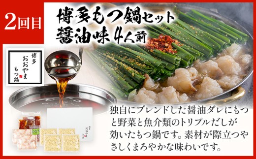 【隔月定期便 年3回発送】「おおやま」もつ鍋 味わい定期便 モツ鍋 鍋 みそ味 しょうゆ味 2人前 3人前 4人前 2種セット 国産牛 小腸 牛ホルモン 牛モツ モツ 冷凍 セット 博多 博多もつ鍋