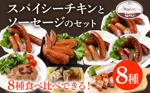 スパイシーチキンとハンバーグ12個手羽先とソーセージ4種のセット(Mセット) ウィンナー チキン ベーコン ハンバーグ 手羽先 燻製 スモーク チーズ カレー ペッパーレモン ポーク あらびき うえすたん セット 詰め合わせ 福岡県 志免町