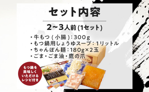 もつ鍋セット 2〜3人前 醤油味 ホルモン小腸 もつ 小腸 300g 九州産 国産 ホルモン スープ ちゃんぽん ごま 鷹の爪 ごま油 セット 黒毛和牛 冷凍 取り寄せ 送料無料 牛もつ鍋処 茶びん