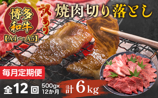 【毎月定期便】訳あり!【A4〜A5】博多和牛焼肉切り落とし 500g 全12回　AO091