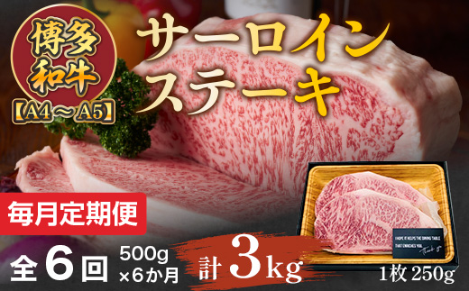 【毎月定期便】【A4〜A5】博多和牛サーロインステーキ500g (250g×2枚) 全6回　AO075