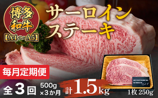 【毎月定期便】【A4〜A5】博多和牛サーロインステーキ 500g (250g×2枚) 全3回　AO074
