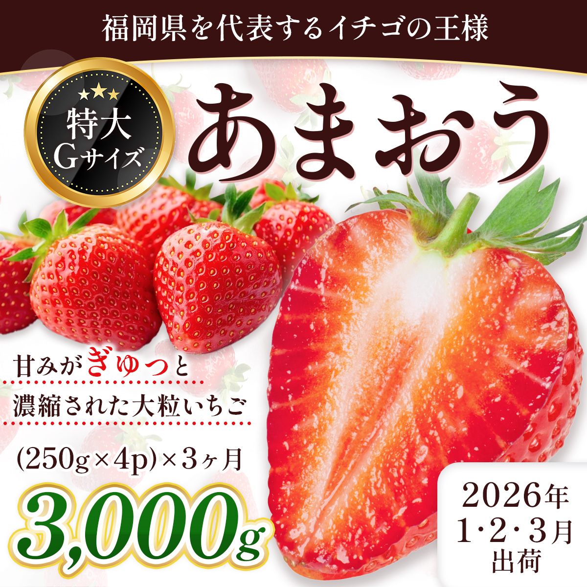 定期便全3回 福岡県産 あまおう 合計3000g 先行予約 2026年1月より順次発送　BA008-3